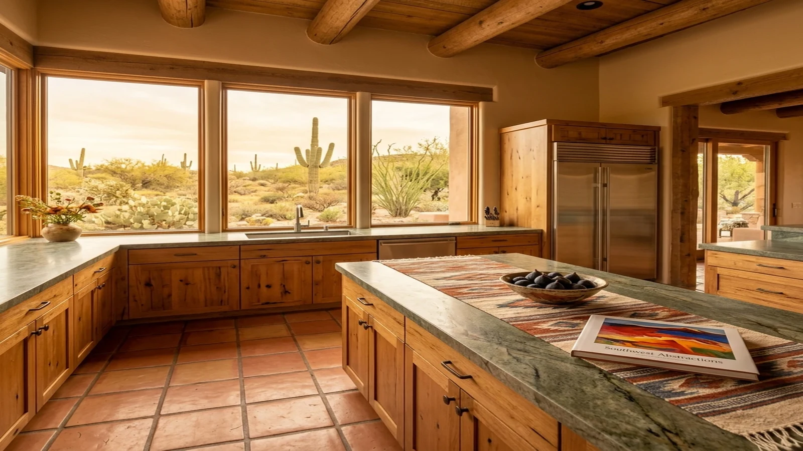 Desert Mountain kitchen with a built-in stainless refrigerator and saguaro views