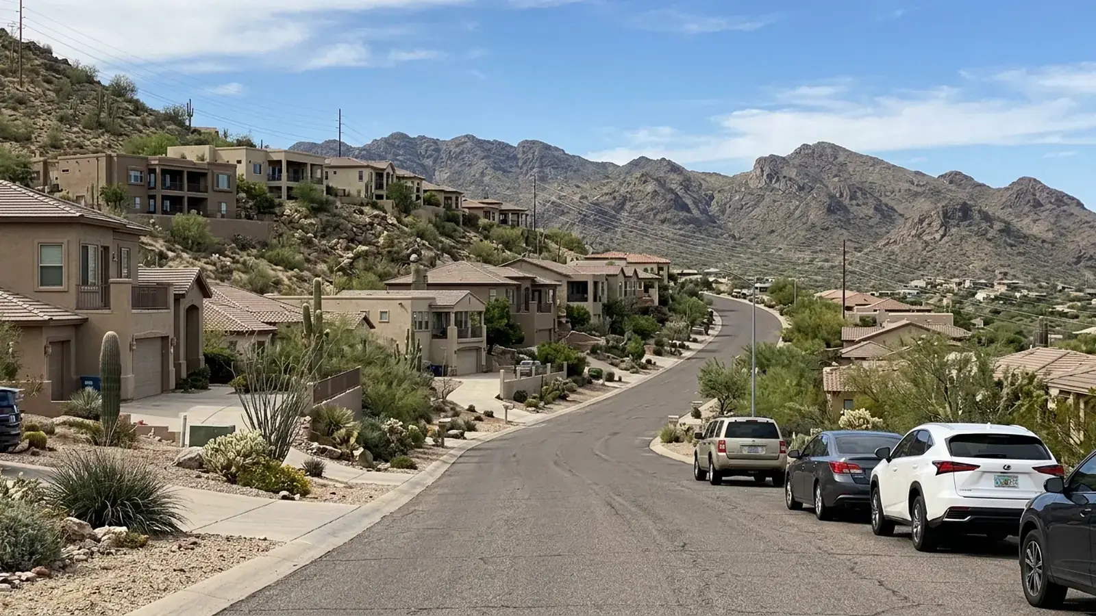 Hillside homes along a Fountain Hills street below the mountains