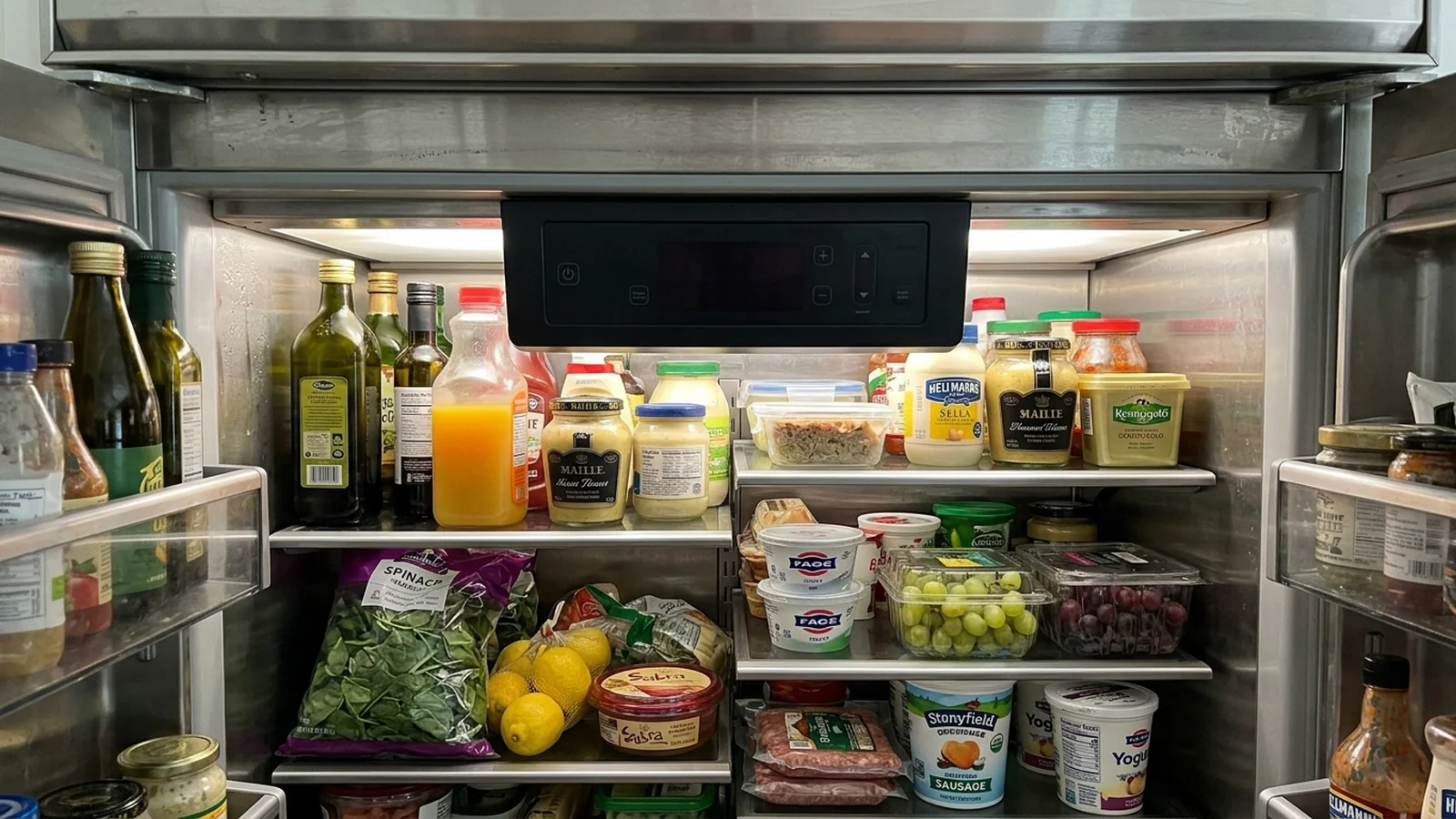 Lit refrigerator interior with the control display above the shelves