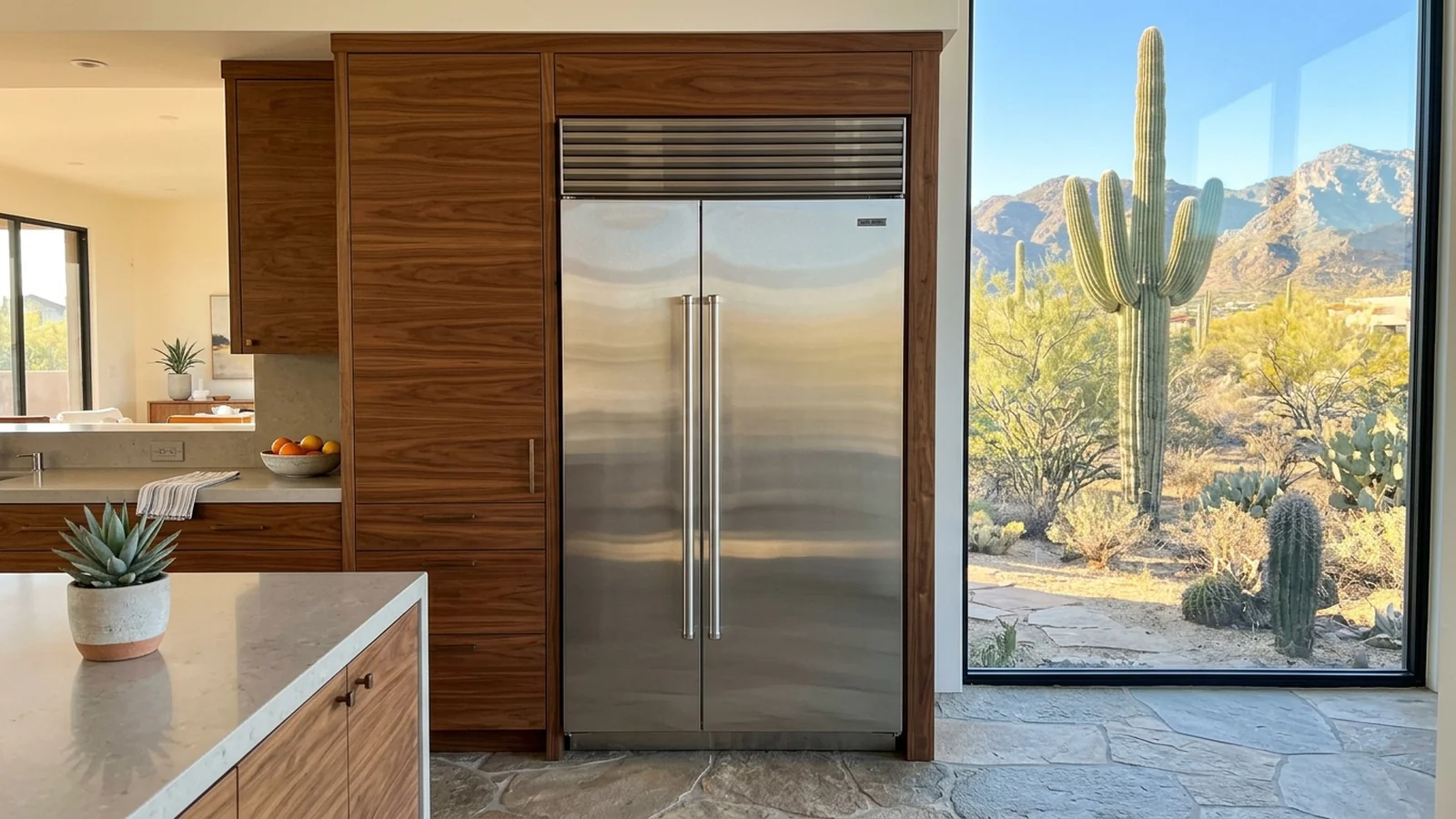Certified technician repairing a Sub-Zero refrigerator in a Scottsdale kitchen