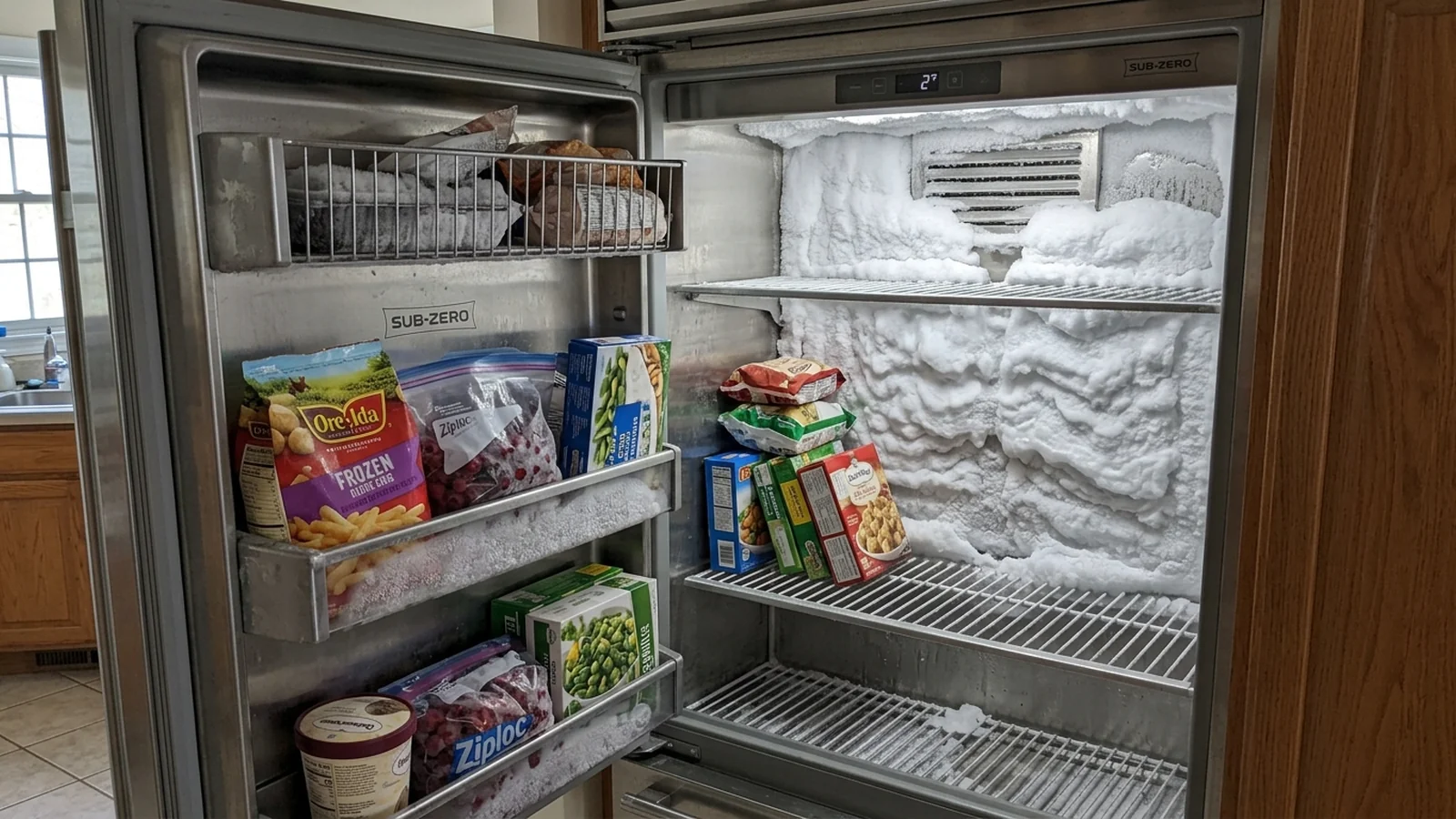 Sub-Zero freezer drawer opened, showing frost buildup along the interior wall