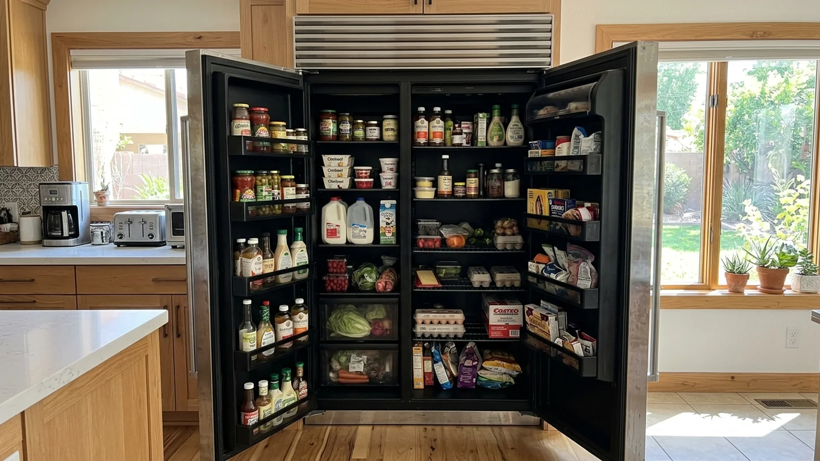Open side-by-side refrigerator showing its shelves, door bins and drawers