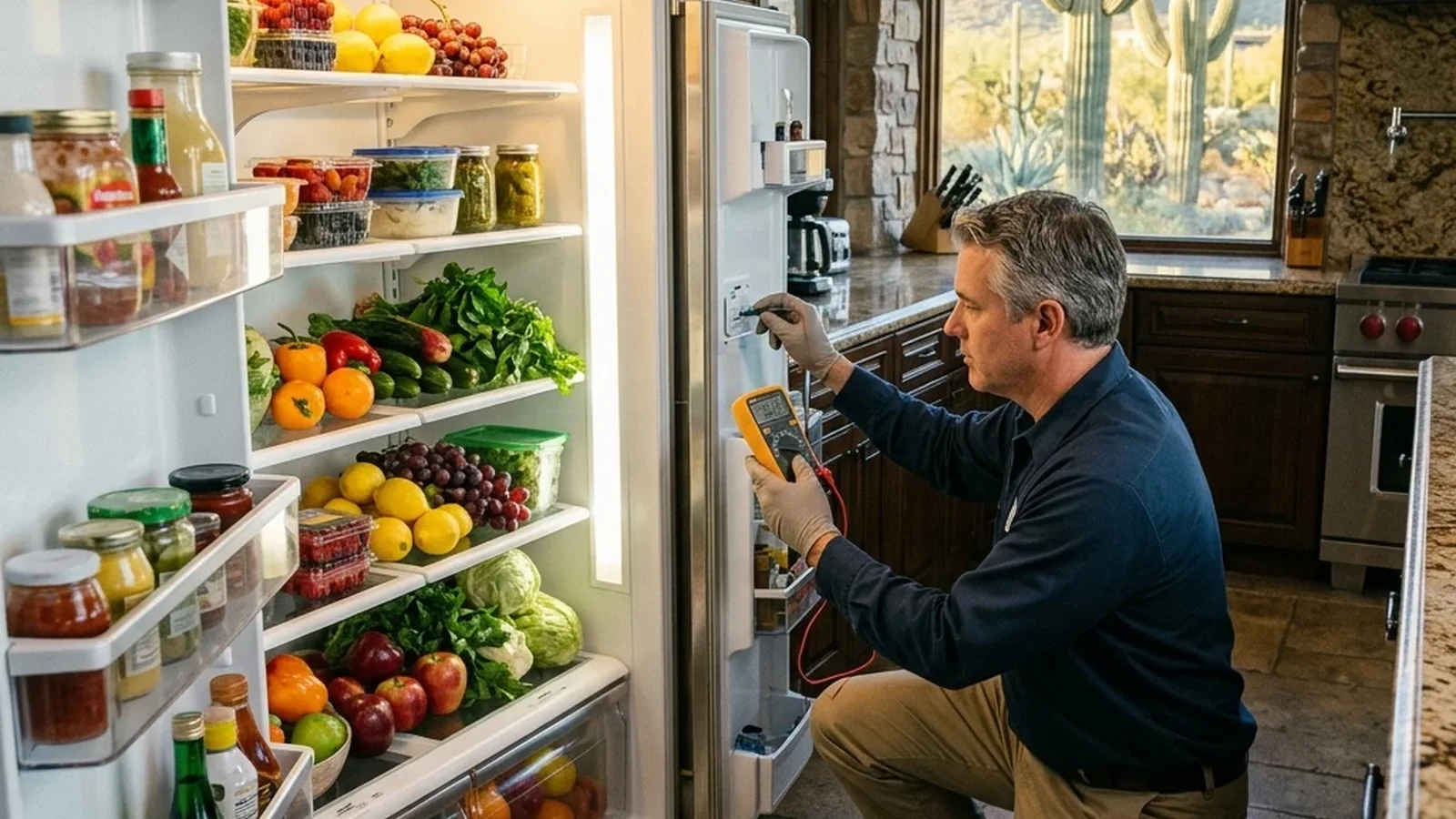 Technician testing a Sub-Zero refrigerator with the door open in a Paradise Valley kitchen