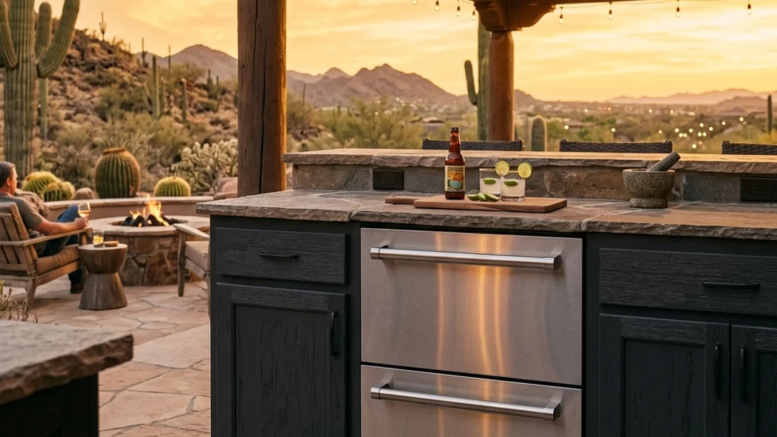 Stainless undercounter refrigerator drawers in a desert patio kitchen