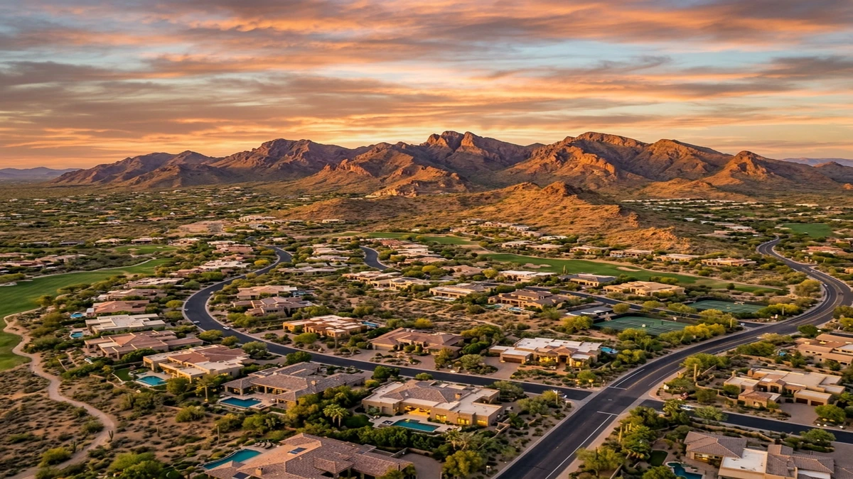 Aerial view of Scottsdale desert communities and golf courses below the McDowell Mountains at sunset