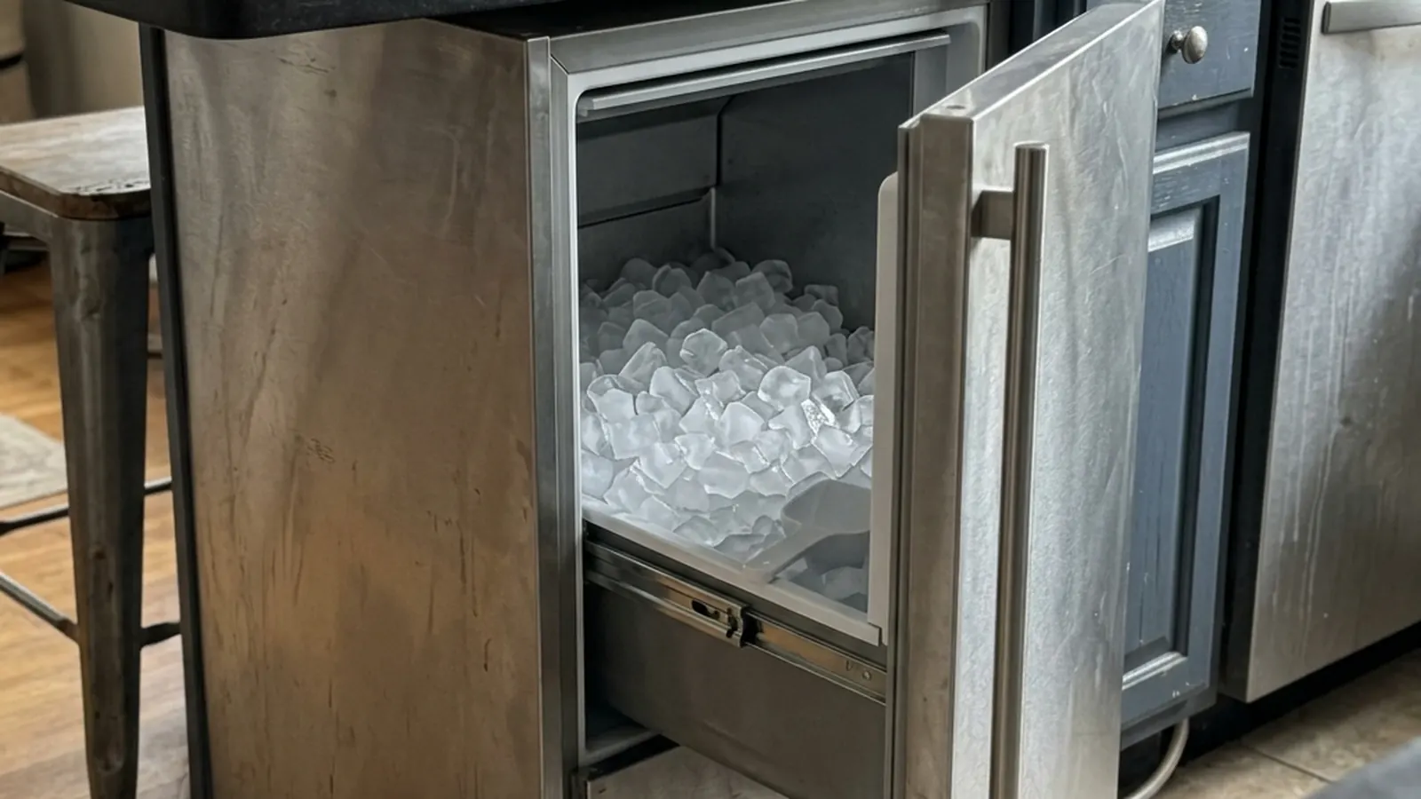 Sub-Zero undercounter ice maker producing fresh ice cubes