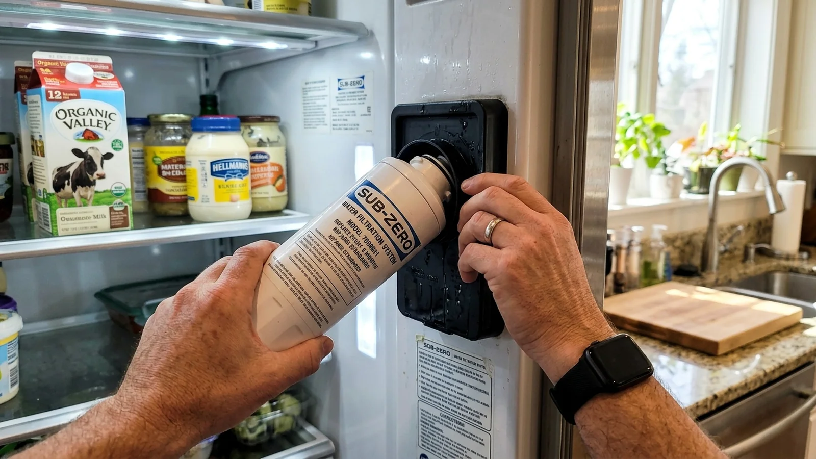 Sub-Zero replacement water filter cartridge on a kitchen counter
