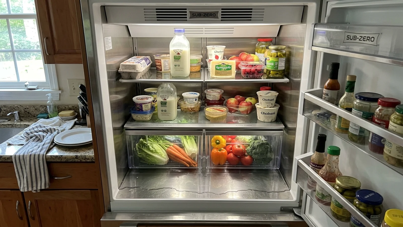 Open Sub-Zero built-in refrigerator column showing the interior compartment
