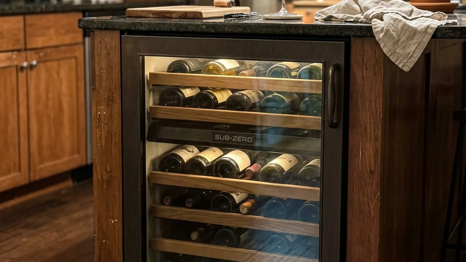 Sub-Zero wine storage column in a Scottsdale home with glass door visible